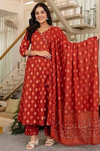 orange printed cotton kurta pant with dupatta