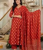 orange printed cotton kurta pant with dupatta