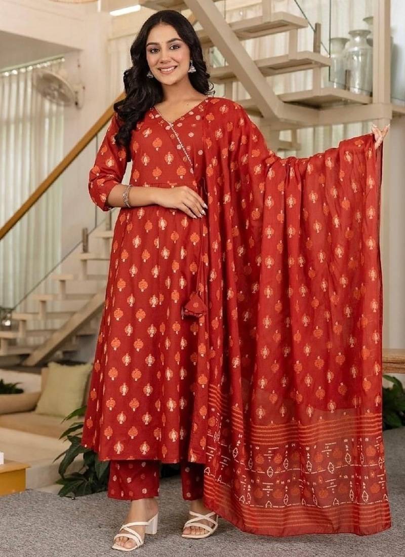 orange printed cotton kurta pant with dupatta