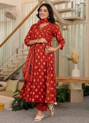 orange printed cotton kurta pant with dupatta 2