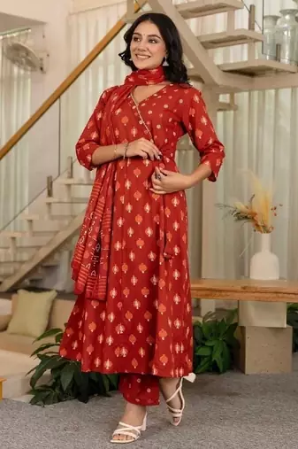 orange printed cotton kurta pant with dupatta