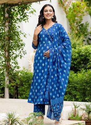 blue printed cotton kurta pant with dupatta 1