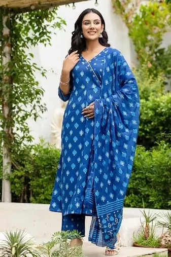 blue printed cotton kurta pant with dupatta