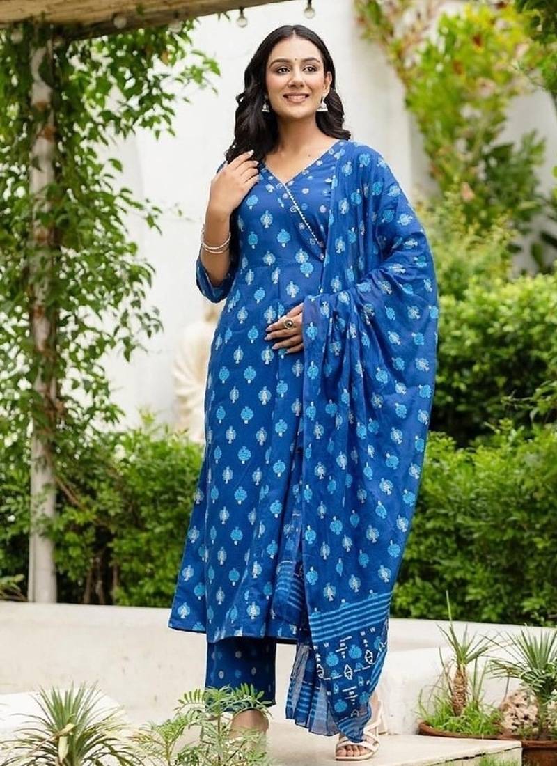 blue printed cotton kurta pant with dupatta
