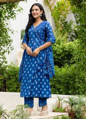 blue printed cotton kurta pant with dupatta 2