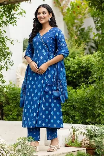 blue printed cotton kurta pant with dupatta