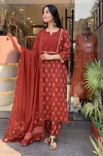 red embroidered cotton kurta pant with dupatta