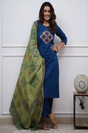 blue embroidered cotton kurta pant with dupatta