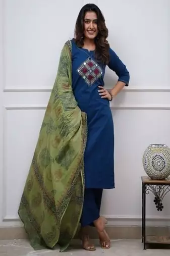 blue embroidered cotton kurta pant with dupatta