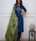 blue embroidered cotton kurta pant with dupatta