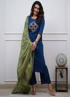 blue embroidered cotton kurta pant with dupatta 2