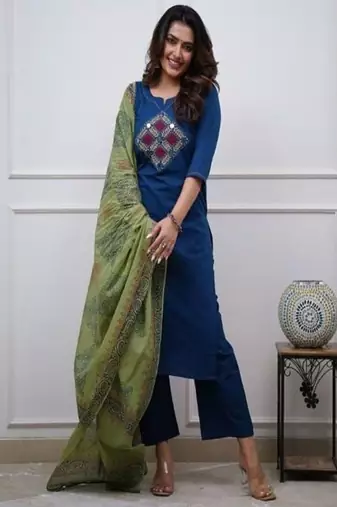 blue embroidered cotton kurta pant with dupatta