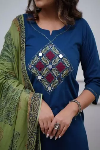 blue embroidered cotton kurta pant with dupatta