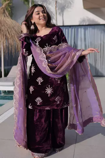 Purple Embroidered Velvet salwar suit with dupatta