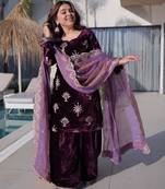 Purple Embroidered Velvet salwar suit with dupatta