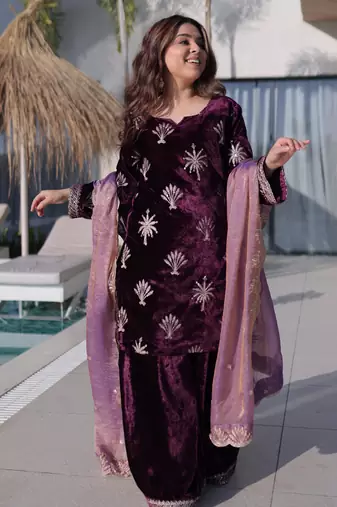 Purple Embroidered Velvet salwar suit with dupatta