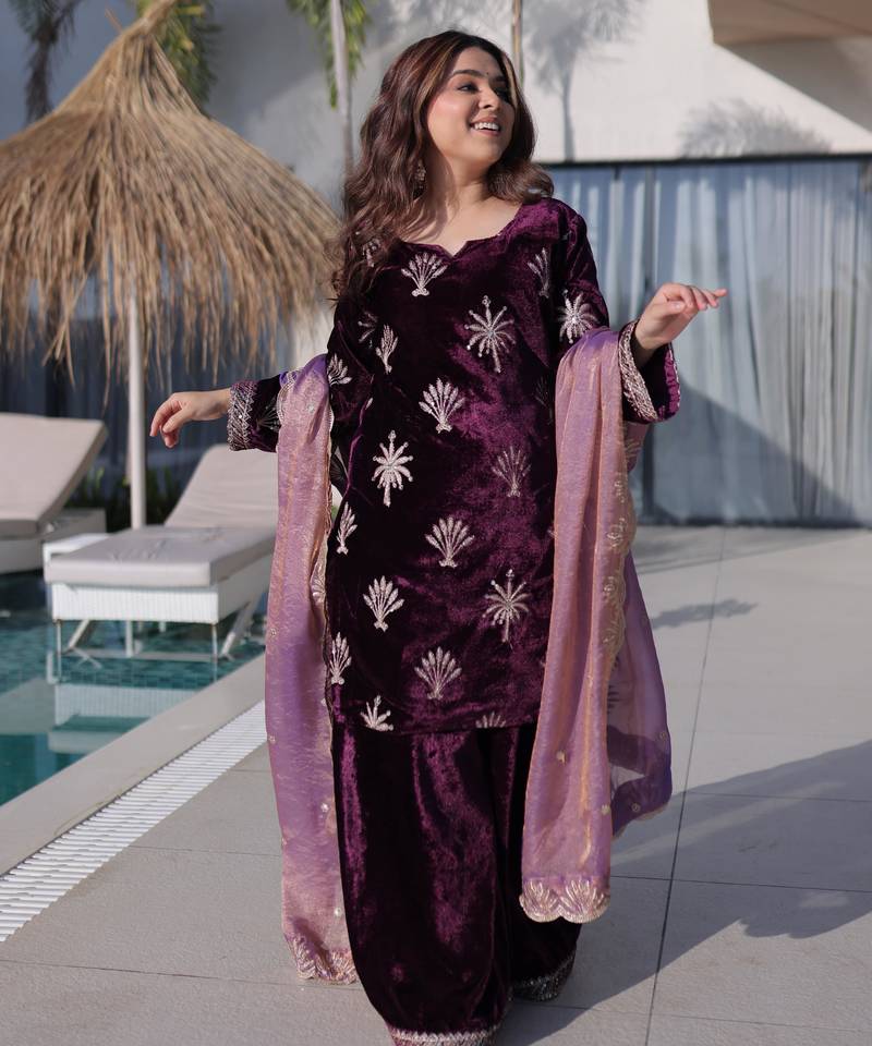 Purple Embroidered Velvet salwar suit with dupatta
