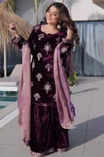 Purple Embroidered Velvet salwar suit with dupatta
