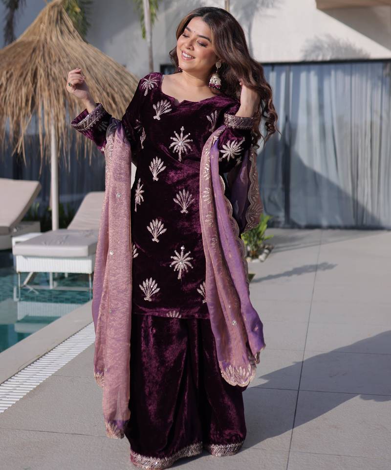Purple Embroidered Velvet salwar suit with dupatta