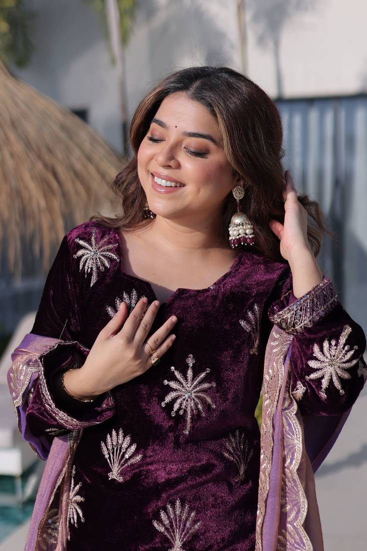 Purple Embroidered Velvet salwar suit with dupatta