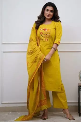 yellow embroidered cotton kurta pant with dupatta