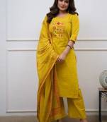 yellow embroidered cotton kurta pant with dupatta