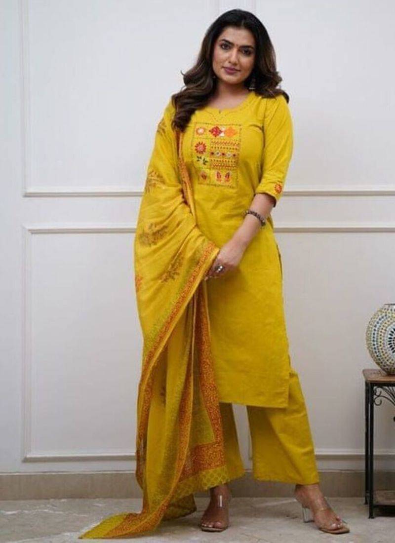 yellow embroidered cotton kurta pant with dupatta
