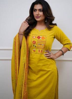 yellow embroidered cotton kurta pant with dupatta 4