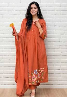 orange embroidered cotton kurta pant with dupatta 1