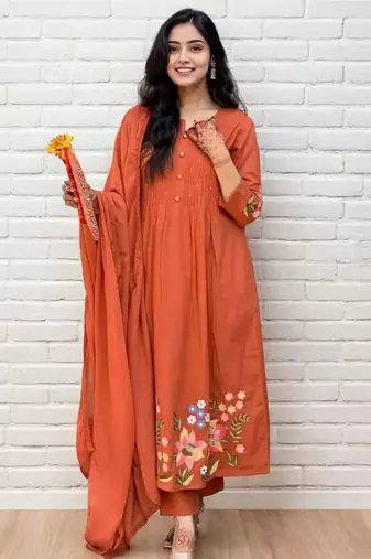 orange embroidered cotton kurta pant with dupatta