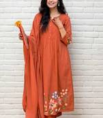 orange embroidered cotton kurta pant with dupatta
