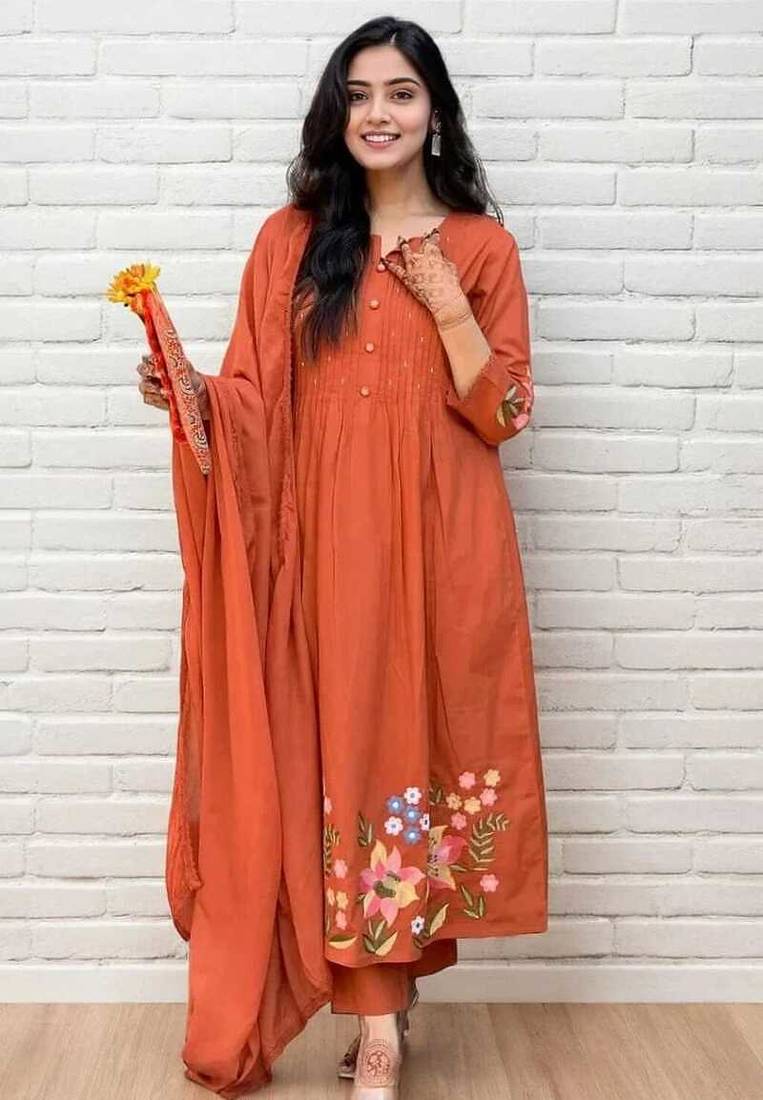 orange embroidered cotton kurta pant with dupatta