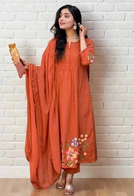 orange embroidered cotton kurta pant with dupatta 2