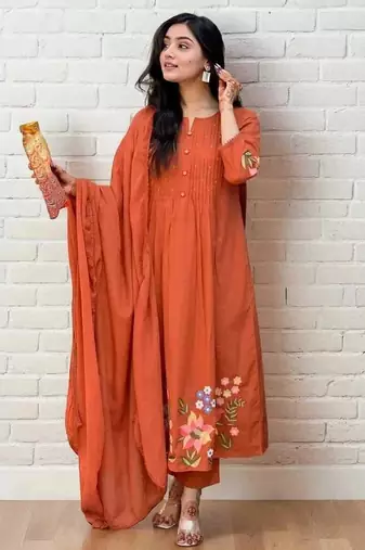 orange embroidered cotton kurta pant with dupatta