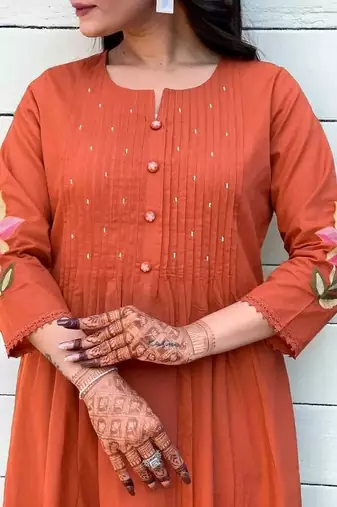 orange embroidered cotton kurta pant with dupatta
