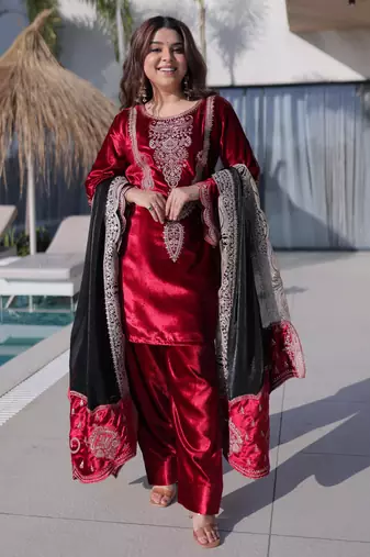 Red Embroidered Velvet salwar suit with dupatta