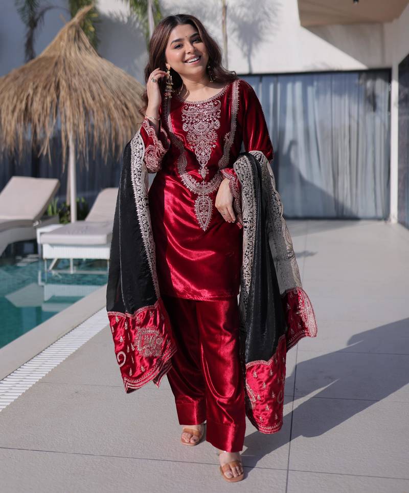 Red Embroidered Velvet salwar suit with dupatta