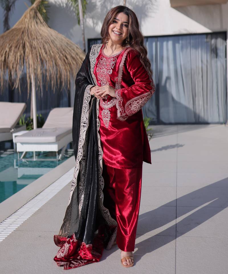 Red Embroidered Velvet salwar suit with dupatta