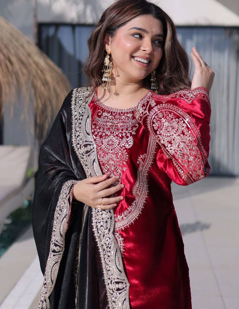 Red Embroidered Velvet salwar suit with dupatta