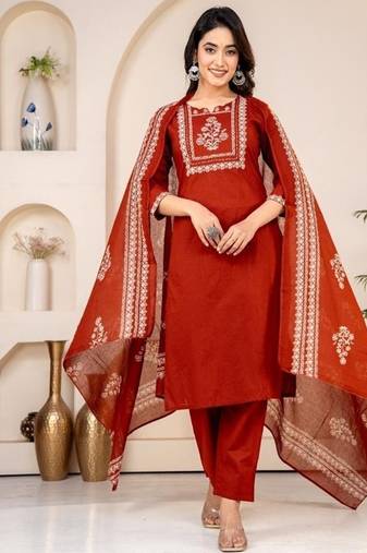 red printed cotton kurta pant with dupatta