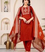 red printed cotton kurta pant with dupatta