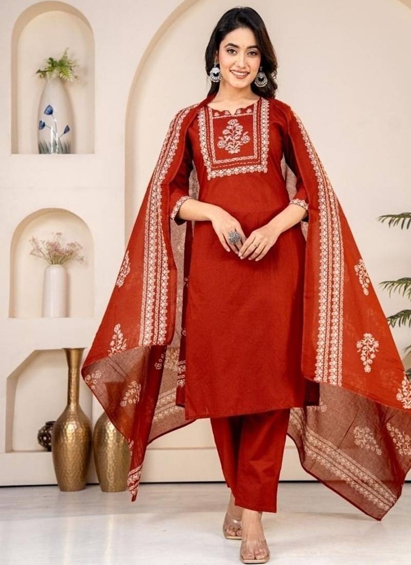 red printed cotton kurta pant with dupatta