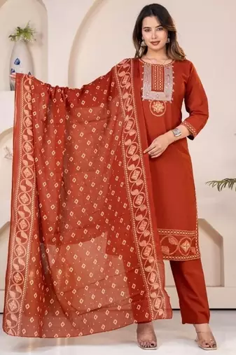 red embroidered cotton kurta pant with dupatta
