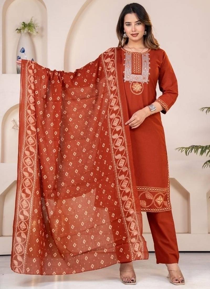 red embroidered cotton kurta pant with dupatta