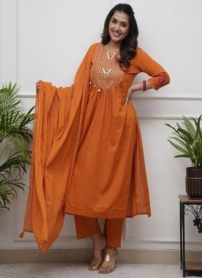 orange embroidered cotton kurta pant with dupatta 1
