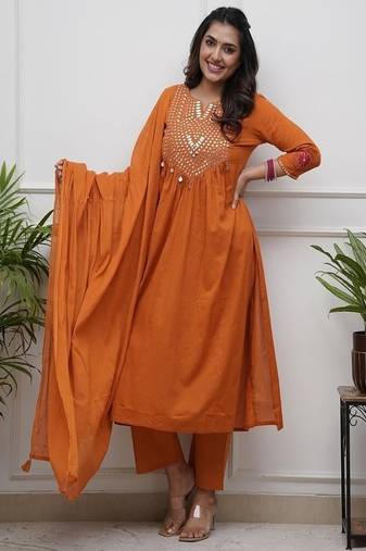 orange embroidered cotton kurta pant with dupatta