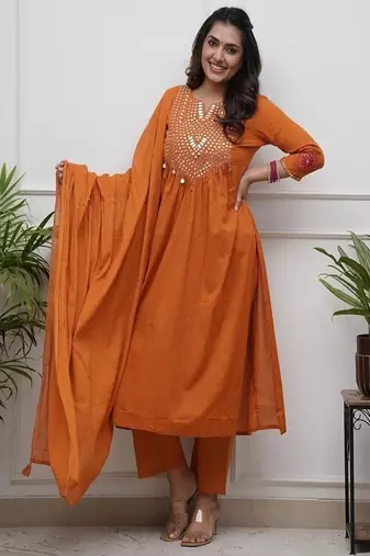 orange embroidered cotton kurta pant with dupatta