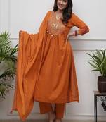 orange embroidered cotton kurta pant with dupatta
