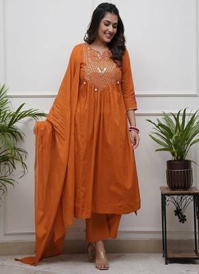 orange embroidered cotton kurta pant with dupatta 2