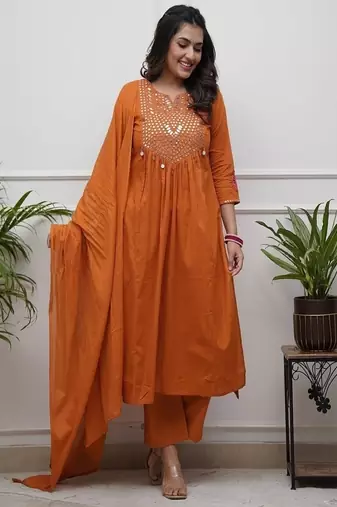 orange embroidered cotton kurta pant with dupatta